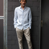 carpasus sustainable organic linen shirt ascona stripes light blue white. Nachhaltiges Carpasus Hemd Ascona Streifen Hellblau Weiss aus Bio Leinen