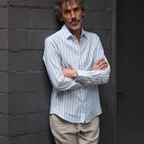 carpasus sustainable organic linen shirt ascona stripes light blue white. Nachhaltiges Carpasus Hemd Ascona Streifen Hellblau Weiss aus Bio Leinen