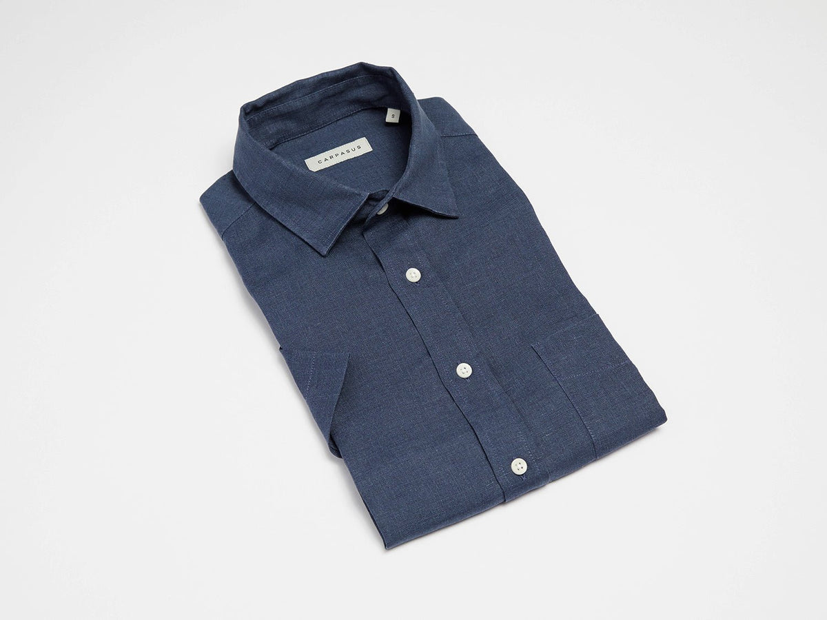 carpasus sustainable organic linen short sleeve shirt navy. Nachhaltiges Carpasus Hemd Kurzarm aus Bio Leinen in Navy