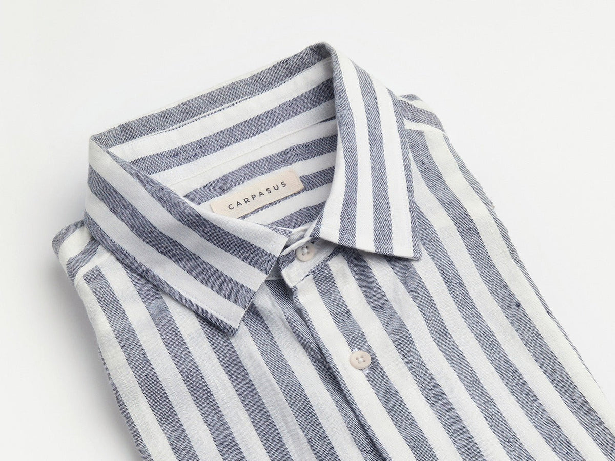 carpasus sustainable organic linen shirt ascona stripes navy white. Nachhaltiges Carpasus Hemd Ascona Streifen Navy Weiss aus Bio Leinen 