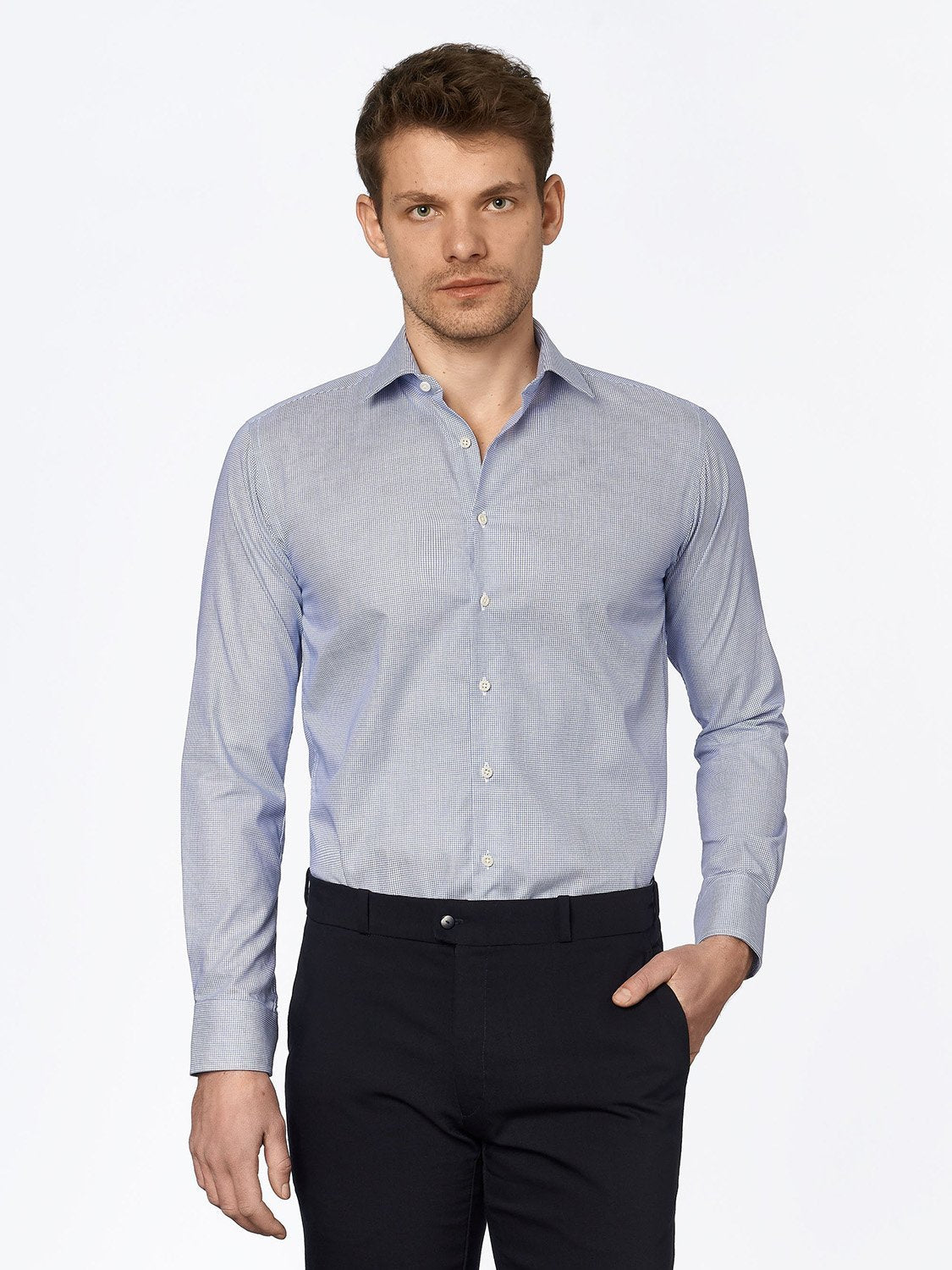 carpasus sustainable organic cotton dress shirt blue check. Nachhaltiges Carpasus Businesshemd aus Bio Baumwolle in Karo Blau