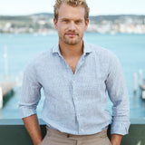 carpasus sustainable organic linen shirt stripes navy. Nachhaltiges Carpasus Hemd aus Bio Leinen mit Streifen Navy