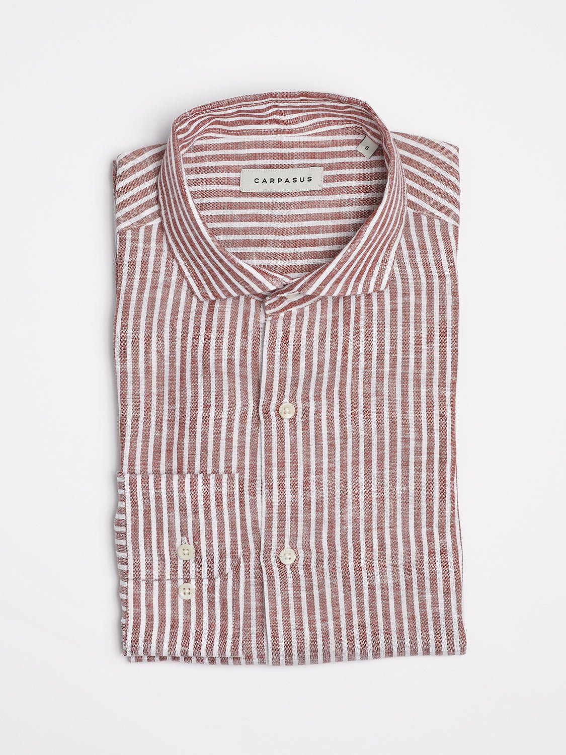 carpasus sustainable organic linen shirt stripes rust white. Nachhaltiges Carpasus Hemd aus Bio Leinen mit Streifen Rost Weiss